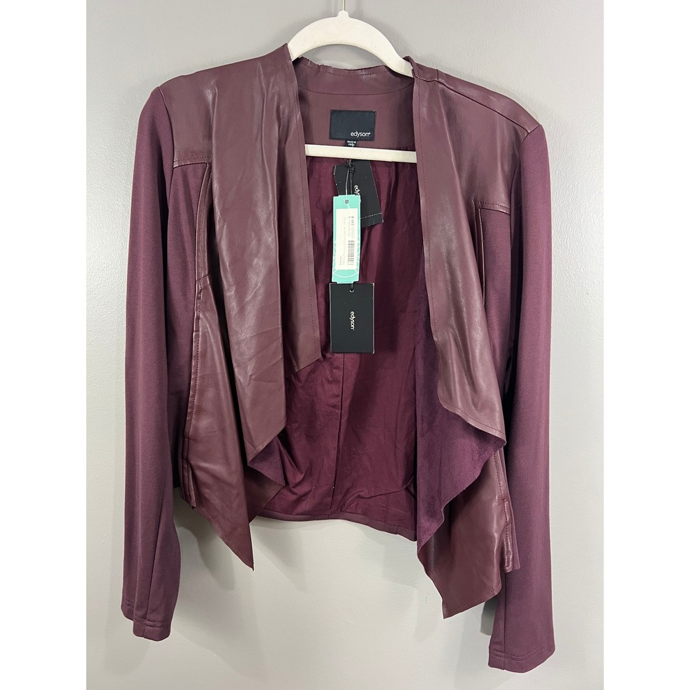Edyson Jacket Womens Large Wine NWT Faux Leather Mixed Media Draped Open Front